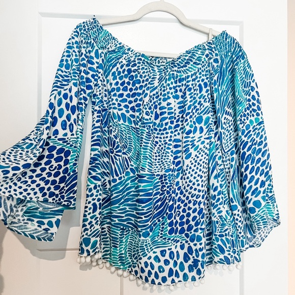 Lilly Pulitzer Off the Shoulder Nita Blue and White Pom Pom Bell Sleeve Top - Picture 7 of 8
